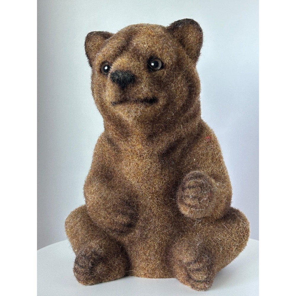 Vintage Flocked Brown Grizzly Bear Coin Bank Made in Japan Fuzzy Piggy Bank